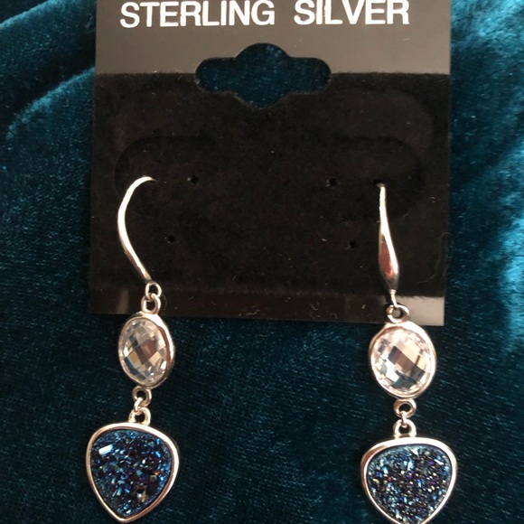 Titanium Druzy Agate & Quartz Sterling Silver French Hook Earrings - Picture 4 of 5